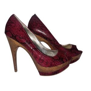 EUC Snakeskin Embossed Red Peep-Toe Heels